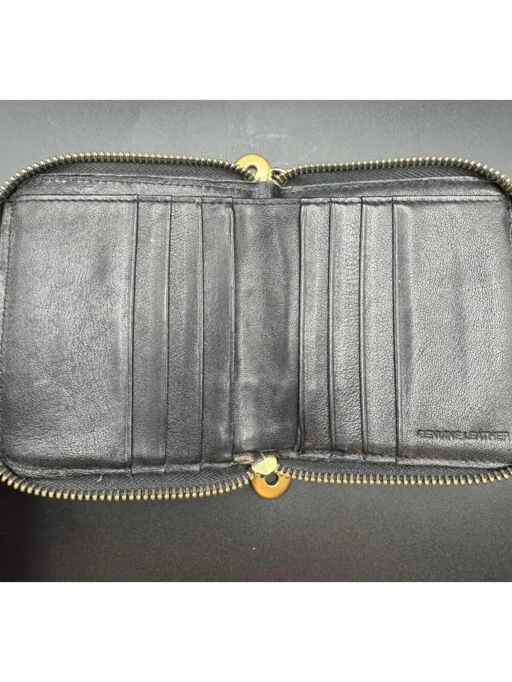 Black Leather Double Zip-Around Compact Wallet Gold Hardware